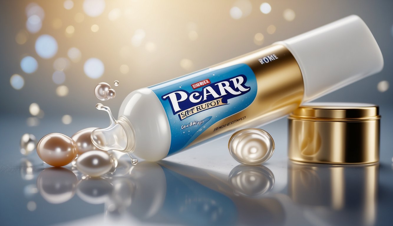 A close-up of a tube of pearl drops toothpaste with a bright, clean background. The focus is on the product, with the brand name and benefits highlighted