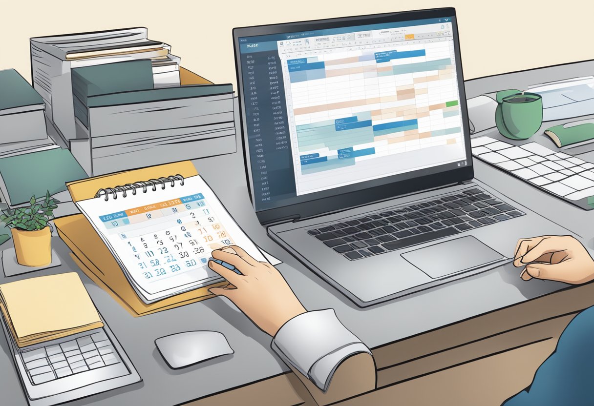 A desk with a computer screen showing an open Outlook calendar. A hand hovers over the mouse, ready to click "accept" on a new meeting time proposal