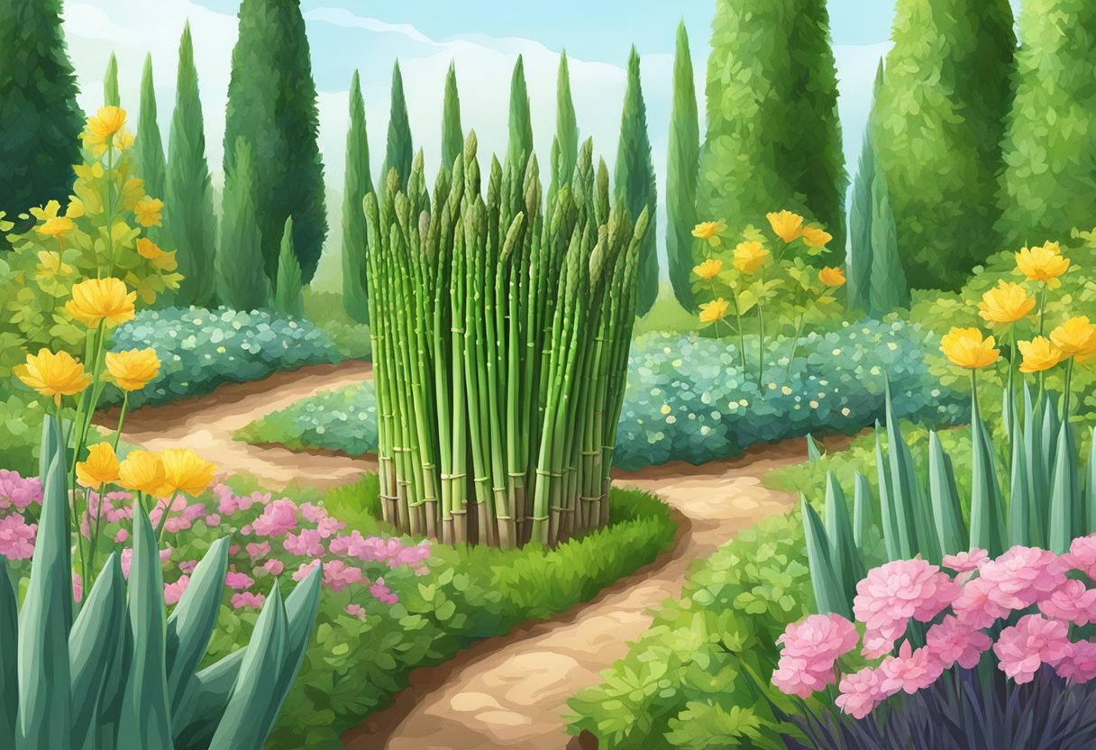 Asparagus grows in a garden, with tall green stalks emerging from the soil, surrounded by other plants and flowers