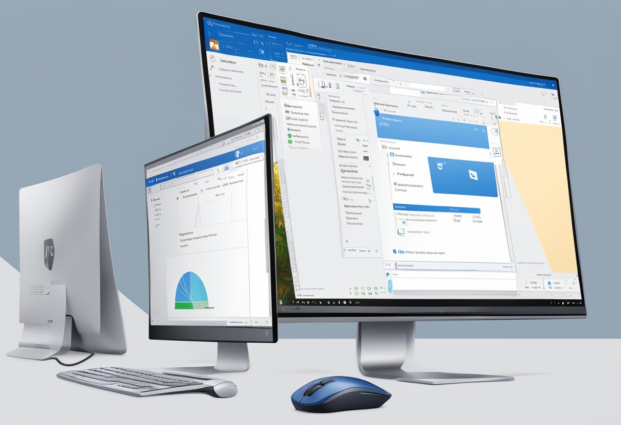 A computer screen displays the Zoom interface with Outlook integration settings being configured. A mouse hovers over the "Connect to Outlook" button