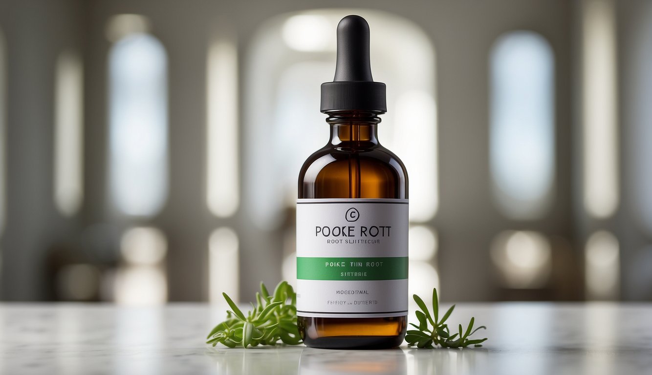 A bottle of poke root tincture with "Regulatory Status" label on a clean, white background