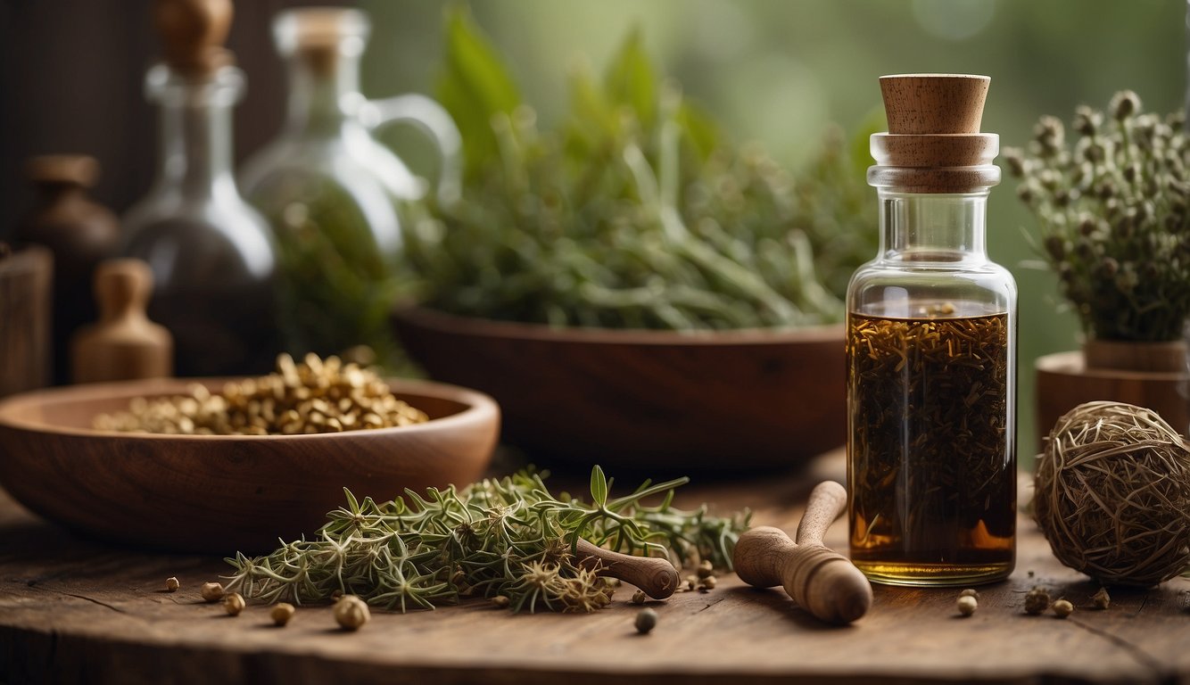 A small glass bottle of poke root tincture sits on a wooden table, surrounded by dried herbs and a mortar and pestle