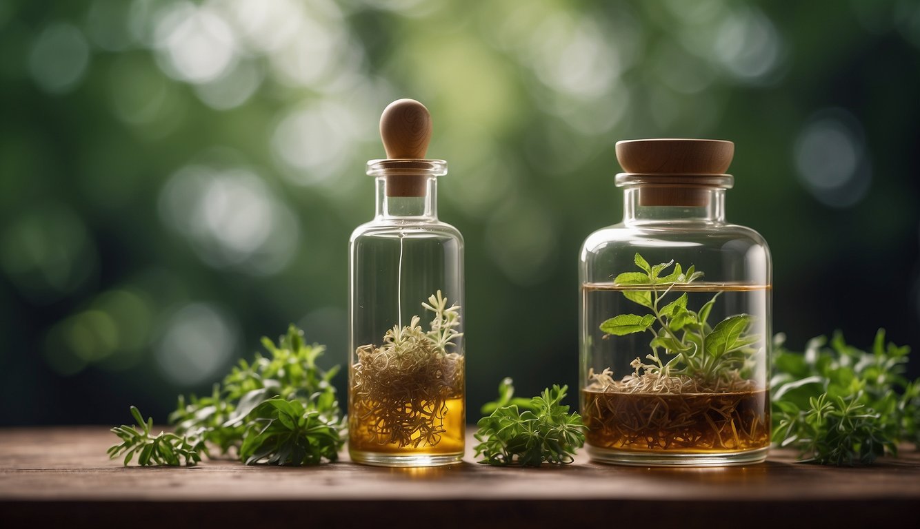 A glass dropper releases poke root tincture into a clear liquid, surrounded by fresh poke root and herbs