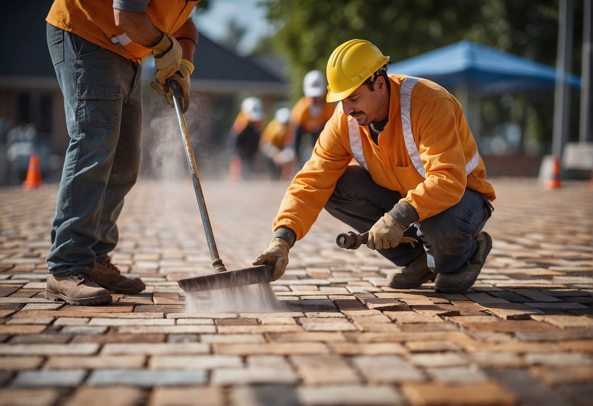 A crew applies sealant to freshly laid pavers in a geometric pattern. A maintenance schedule hangs on the wall nearby