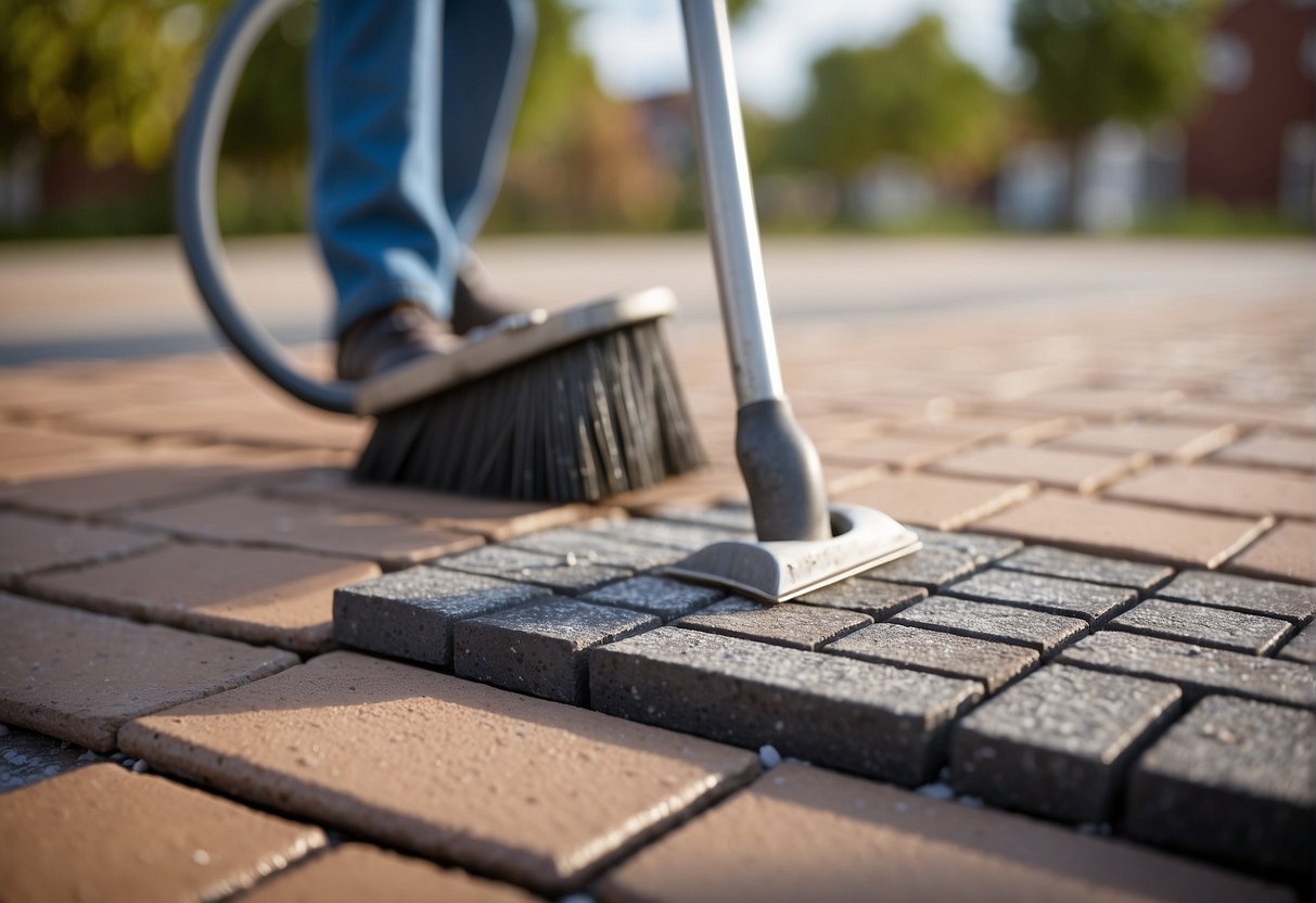 A paver maintenance scene with cleaning tools, sealant, and scheduled maintenance checklist on a clean surface