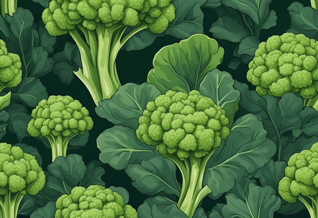 Broccoli heads form in the center of the plant, surrounded by dark green leaves and a thick stalk