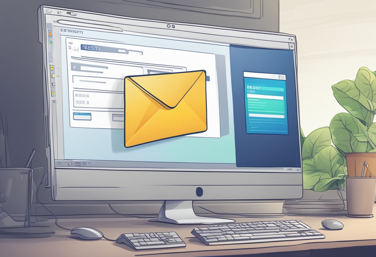 A computer screen with a prompt to reset the Outlook account, a mouse hovering over the "reset" button, and a notification indicating successful account recovery