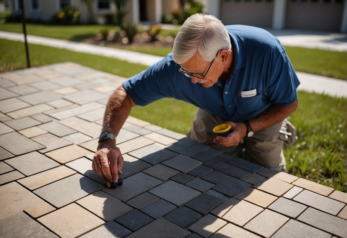 A sunny day in Fort Myers, with a homeowner measuring and planning for pavers. A variety of paver options and price lists are spread out on a table, while the homeowner considers the size and layout of the project