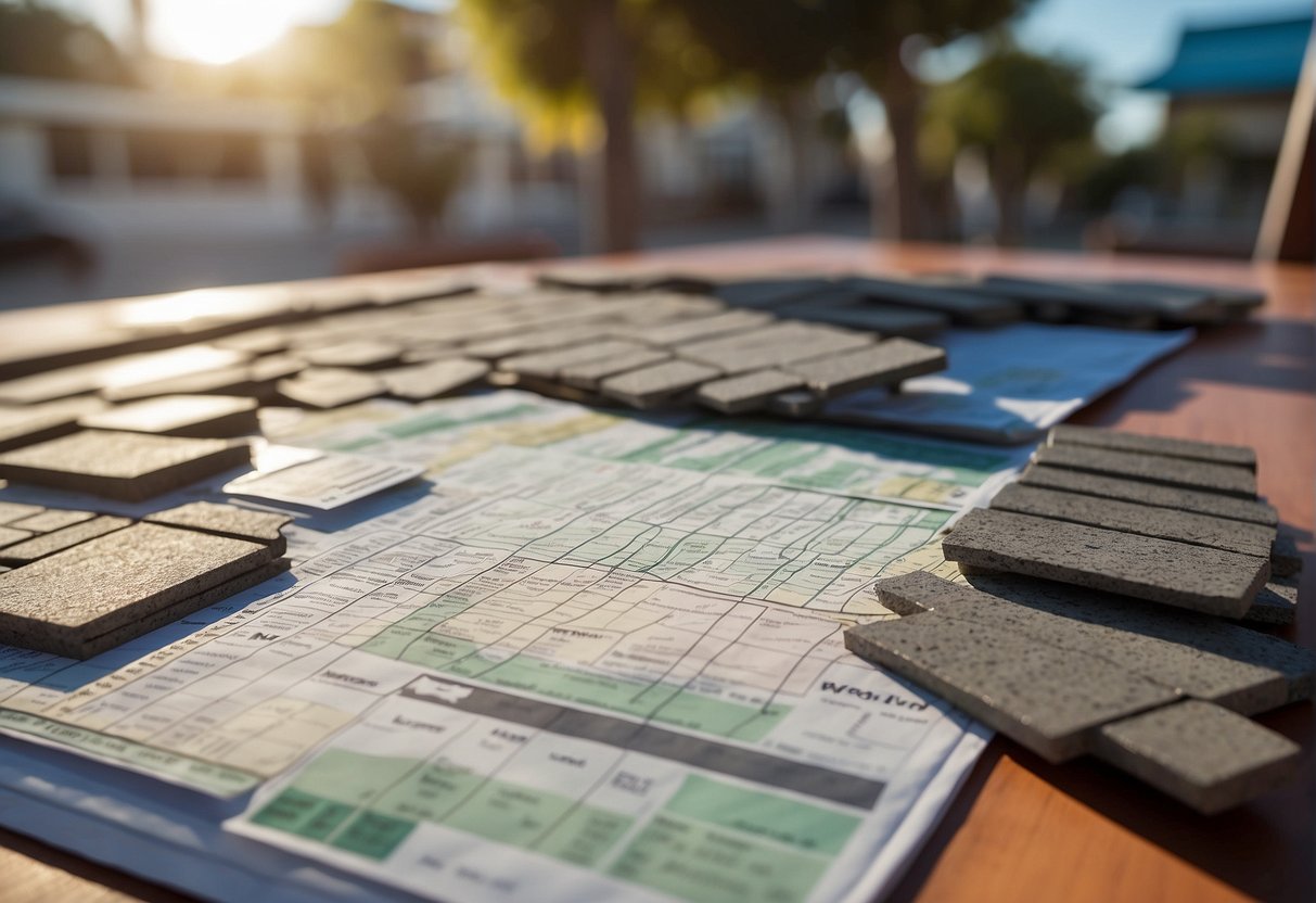 A variety of paver types and materials are displayed on a table, with a budgeting spreadsheet and a Fort Myers city map in the background