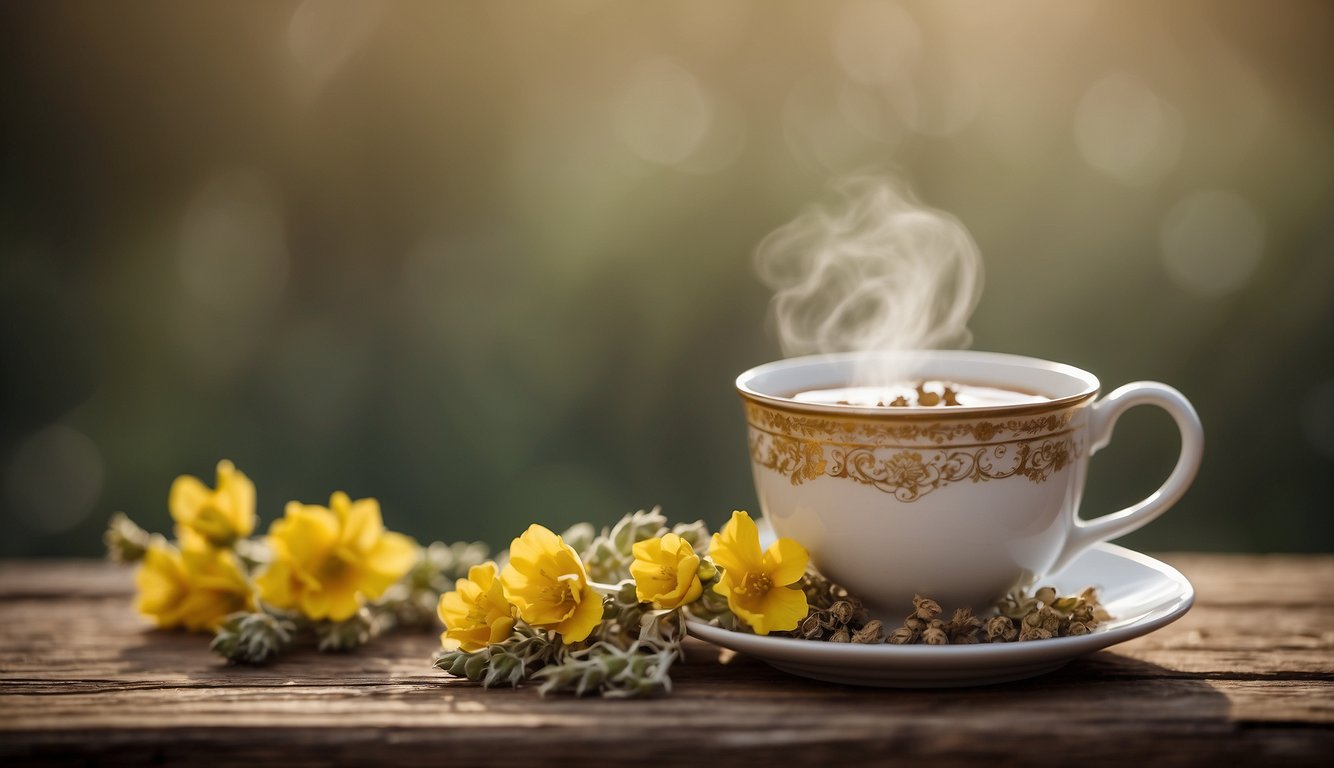 A steaming cup of mullein tea sits on a rustic wooden table, surrounded by dried mullein leaves and flowers. The aroma is earthy and slightly sweet, with a hint of herbal undertones