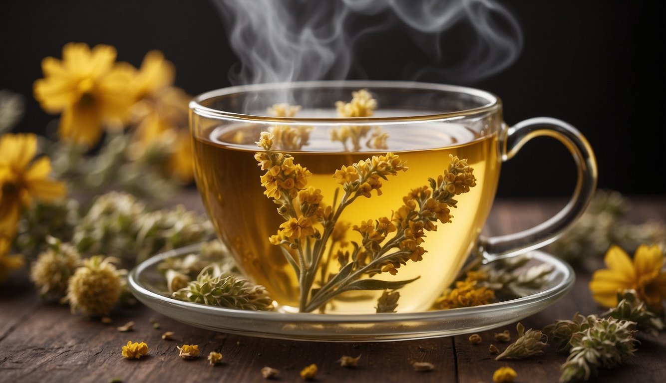 Mullein tea: golden liquid in a clear glass mug, steam rising, surrounded by dried mullein leaves and flowers. A subtle earthy, slightly sweet taste with a hint of floral undertones