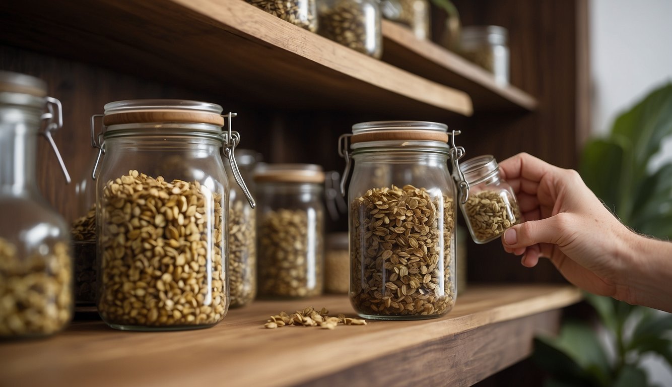 A hand reaches for a jar of dried mullein leaves on a shelf. The aroma of the leaves is earthy and slightly sweet, hinting at the taste of the brewed tea