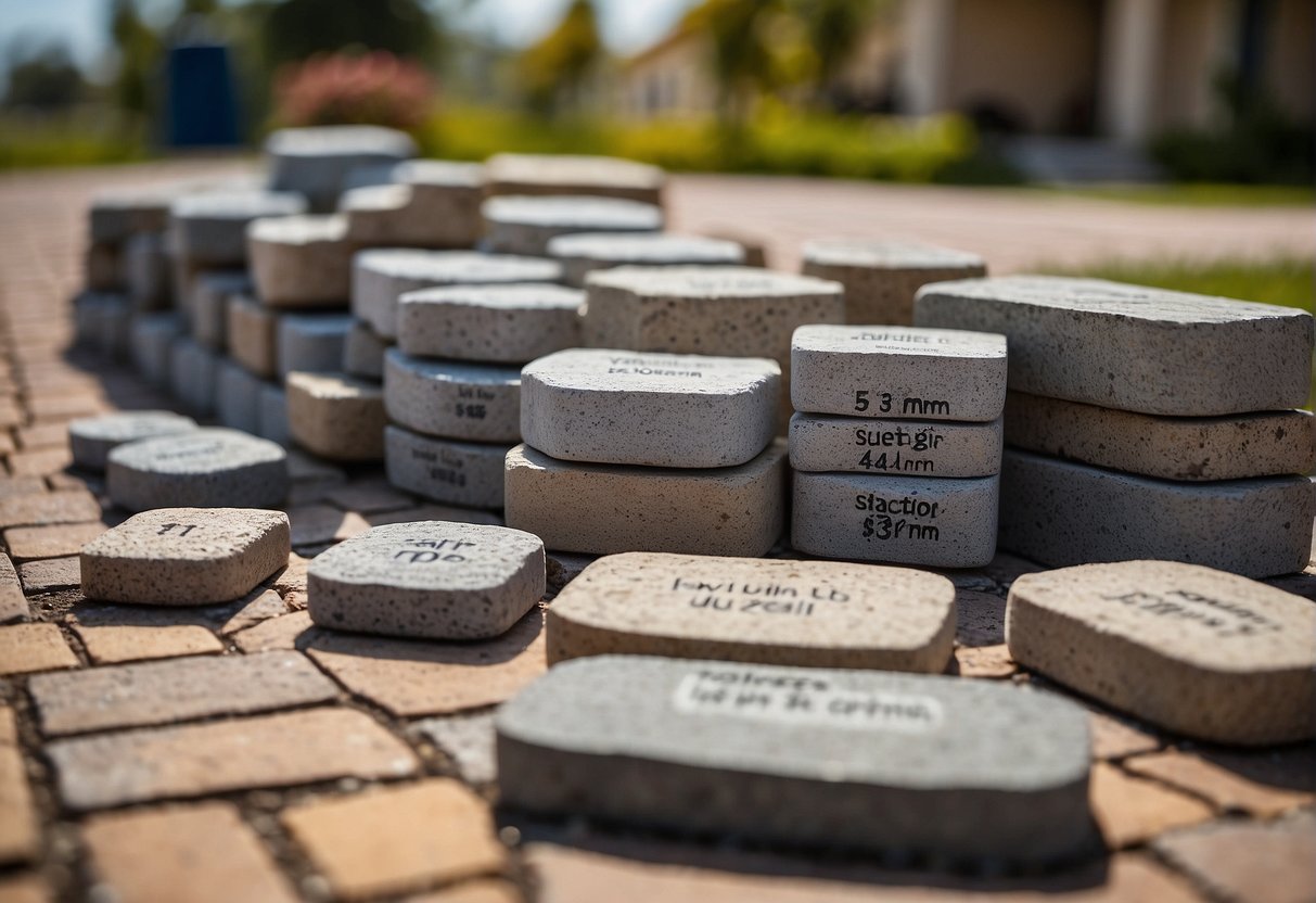 A variety of paver types and sizes displayed in a Fort Myers landscape with price tags and a scale, surrounded by a chart showing cost factors