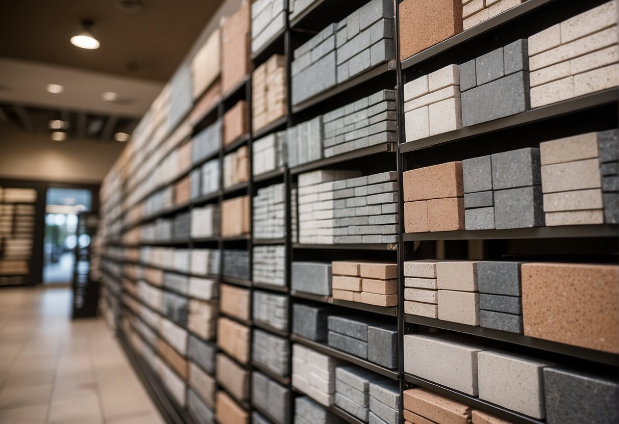 A variety of pavers are displayed in a showroom, with price tags and information about each type. The space is well-lit and organized, showcasing the different options available for a Fort Myers project