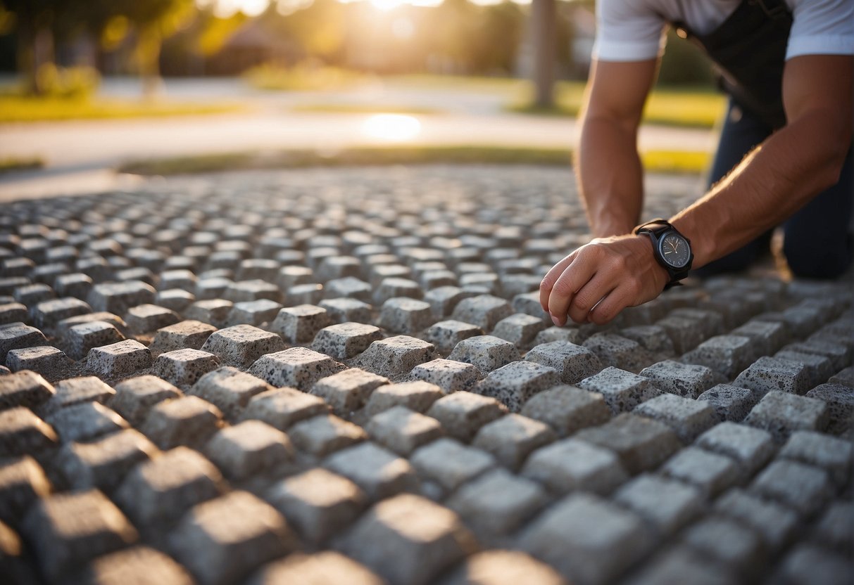 A person comparing various paving materials in a Fort Myers landscape setting. Sand, gravel, and concrete options are laid out for consideration