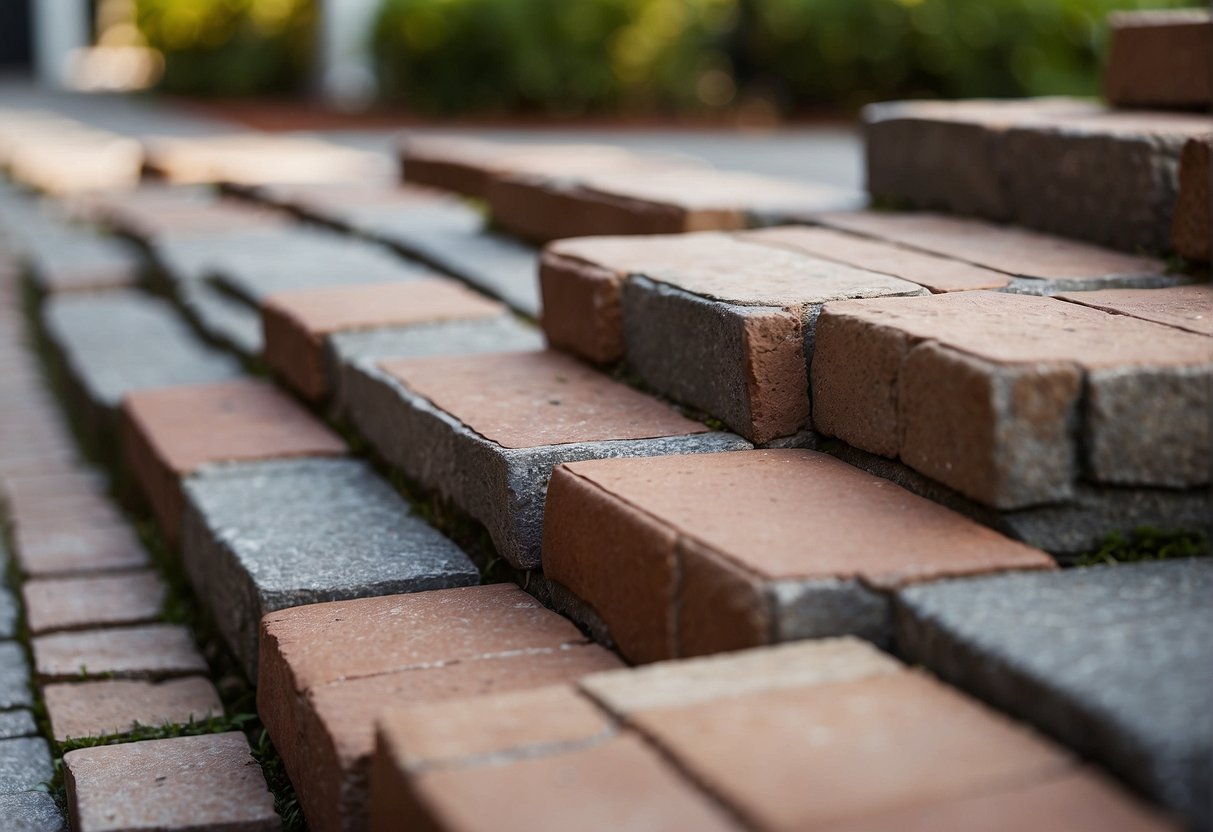 A paved walkway with various materials (brick, concrete, stone) in Fort Myers, showing weathering and wear over time