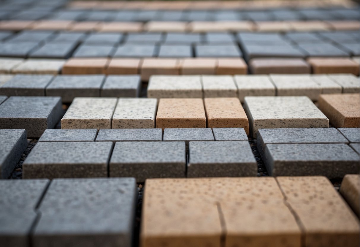 A side-by-side comparison of various paver materials, with a focus on long-term cost analysis. The scene includes a variety of paver samples arranged in a grid pattern, with a cost breakdown displayed nearby