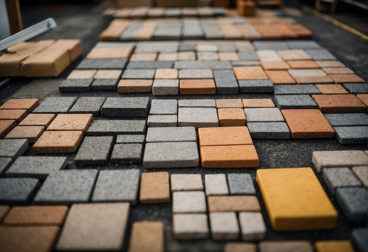 A variety of paver options displayed in a showroom with price tags, surrounded by tools and equipment for installation