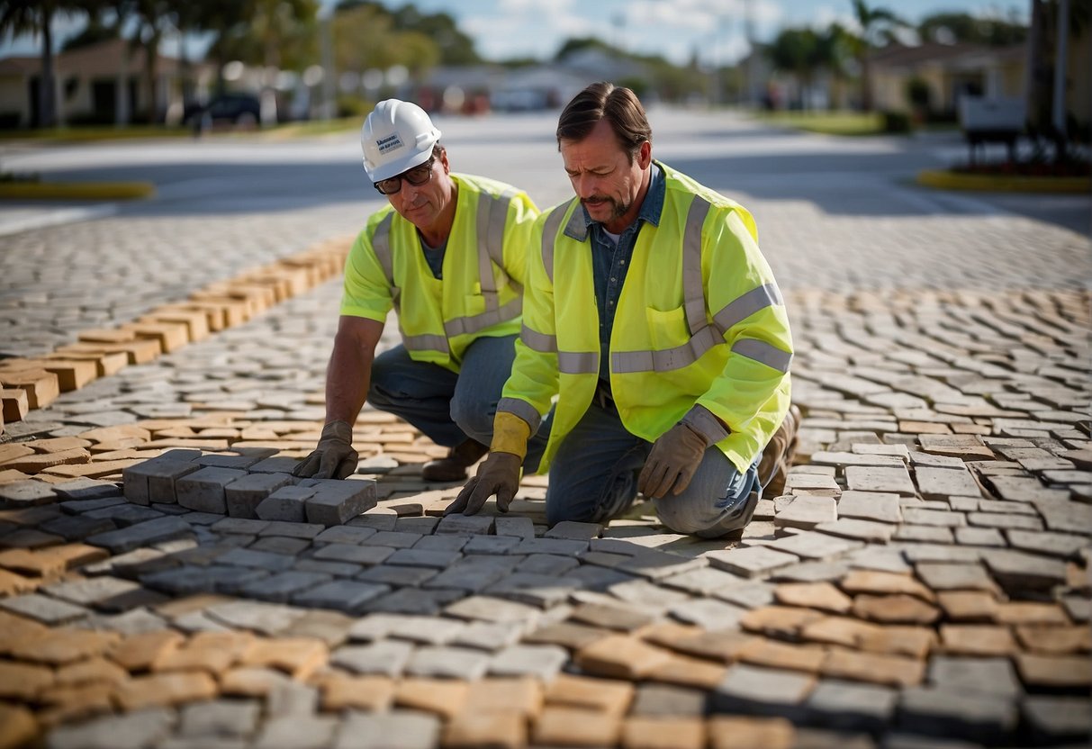 A team of workers efficiently lays pavers in a well-planned pattern, optimizing budget and resources in Fort Myers