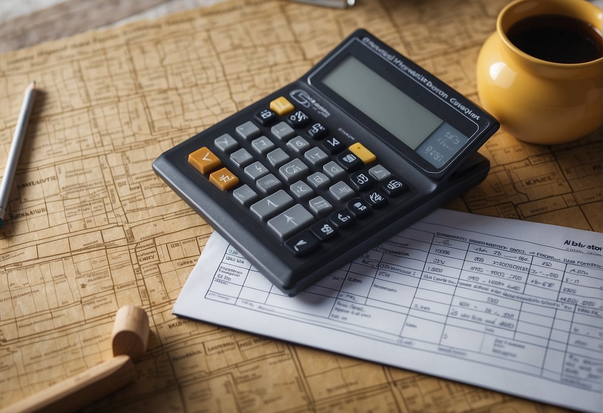 A homeowner in Fort Myers sits at a table with a calculator, pencil, and notebook, surrounded by paver samples and price lists. A measuring tape and blueprints are spread out in front of them