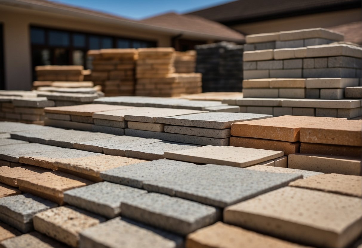 A variety of paver materials and types are displayed in a showroom, with price tags and samples. A homeowner is budgeting and planning for their Fort Myers home