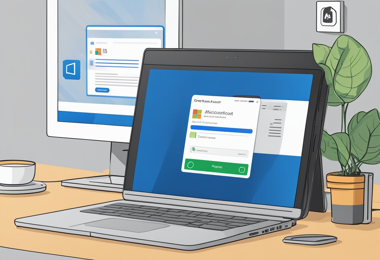 A computer screen displays the Microsoft Authenticator app open, with the option to add an account. A QR code for Outlook is visible on the screen, ready to be scanned