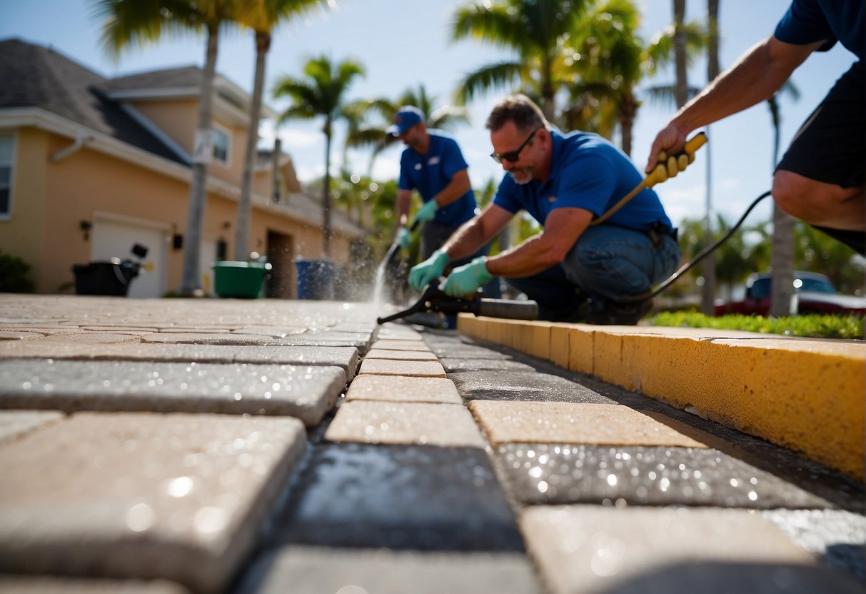 A crew applying sealant to a worn paver walkway in Fort Myers, Florida, with a budget spreadsheet in the background