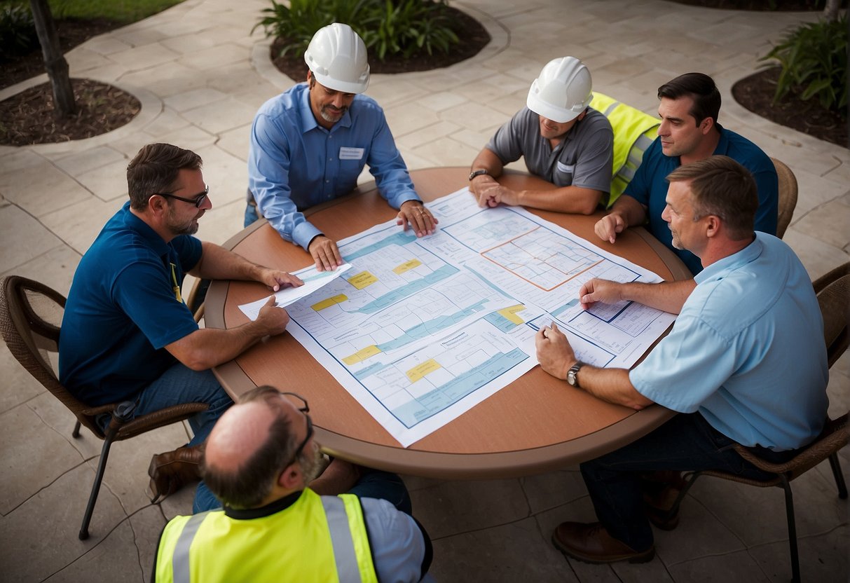 A group of engineers and contractors gather around a table, discussing project plans and cost-saving strategies for paver projects in Fort Myers. Blueprints and charts are spread out, as they brainstorm and collaborate