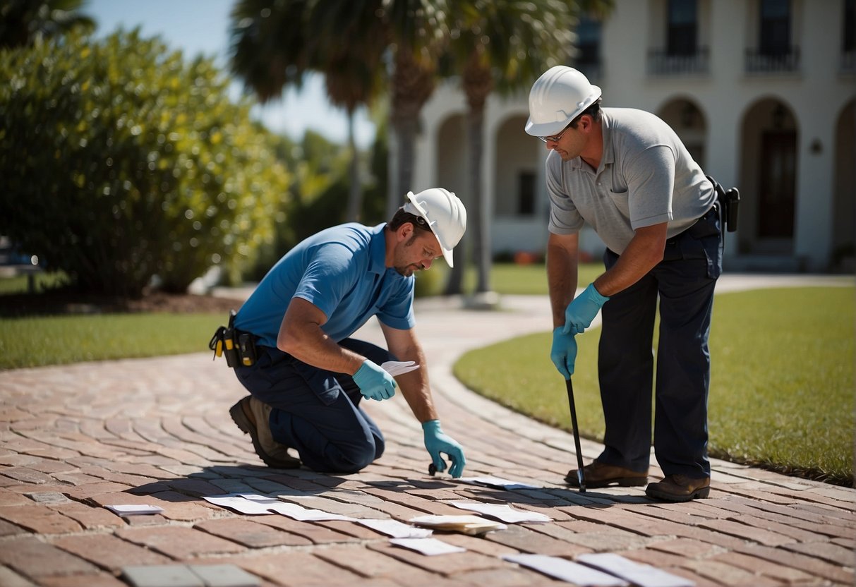 A worker measures and inspects damaged pavers in a Fort Myers sidewalk, while a supervisor reviews a budget spreadsheet on a clipboard