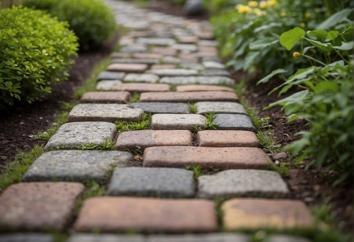 A well-worn paver pathway winds through a lush garden, showing signs of wear and weathering. Some pavers are cracked and uneven, while others have been replaced with fresh, vibrant ones. The scene suggests the need for budgeting and planning