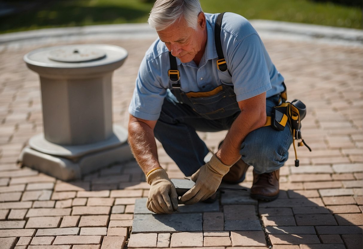 A contractor measures and inspects damaged pavers in a Fort Myers outdoor space, while noting down dimensions and evaluating the necessary repairs or replacements