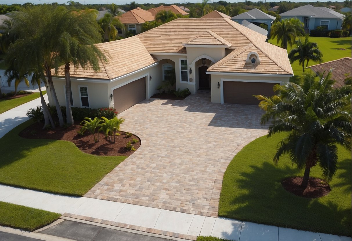 Aerial view of a residential driveway in Fort Myers with newly installed pavers. Surrounding landscaping and property features are visible