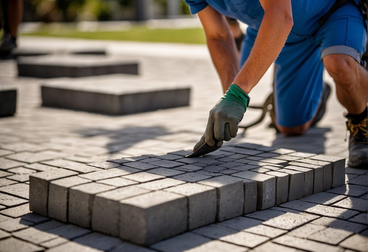 A team of workers meticulously laying down pavers in a well-maintained outdoor space in Fort Myers, ensuring precision and durability for long-term use