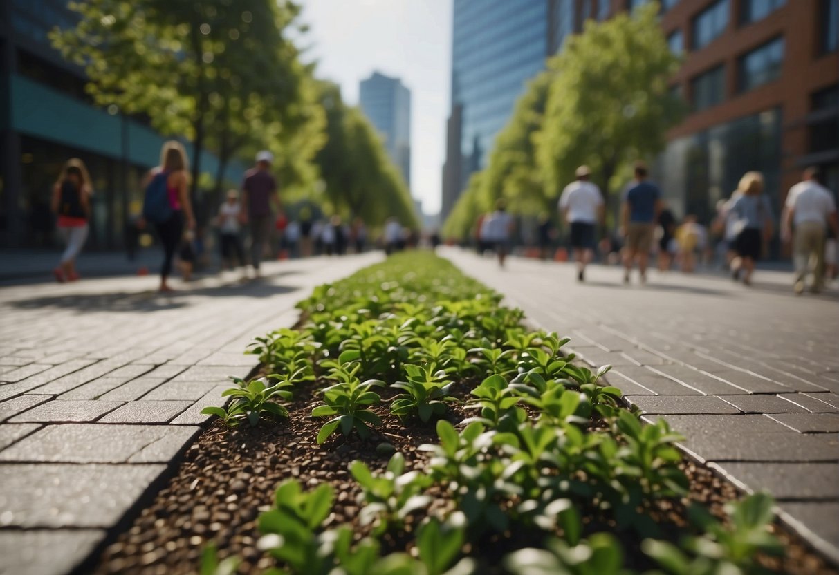 A bustling city street with pedestrians walking on a sidewalk made of sustainable paver materials, surrounded by greenery and eco-friendly buildings