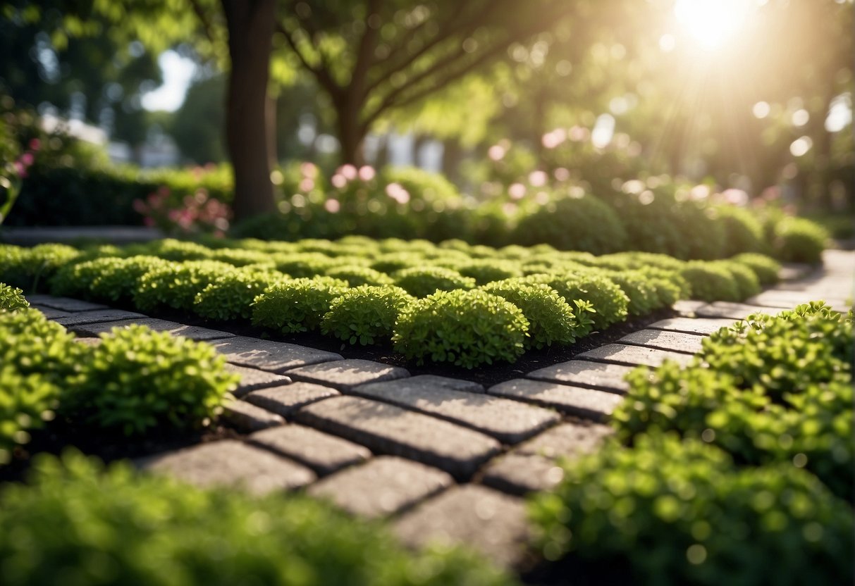 A lush green landscape with sustainable paver materials blending seamlessly into the environment, showcasing the importance of eco-friendly choices