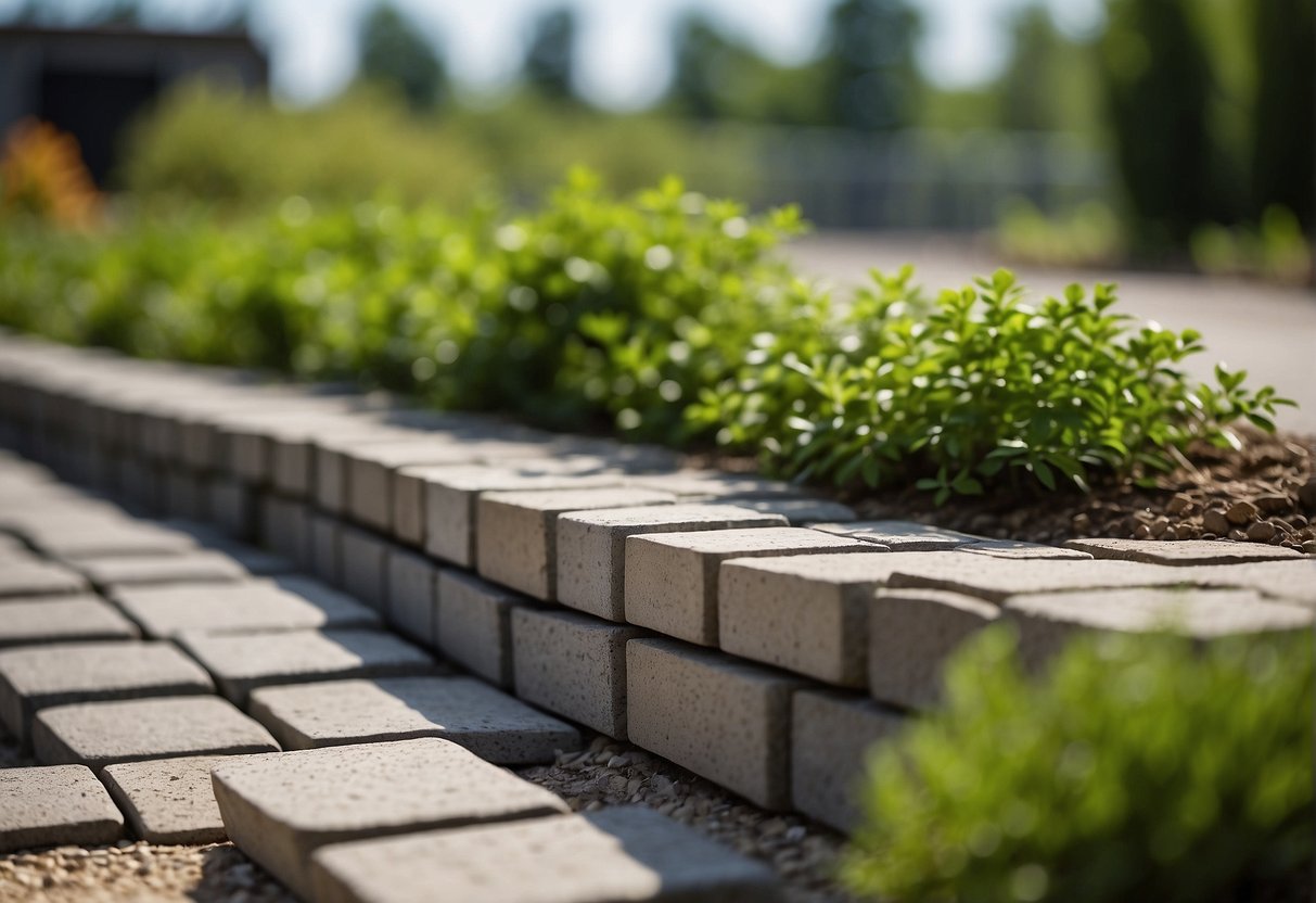 A pile of sustainable paver materials, such as recycled concrete and permeable pavers, arranged in a construction site with greenery in the background