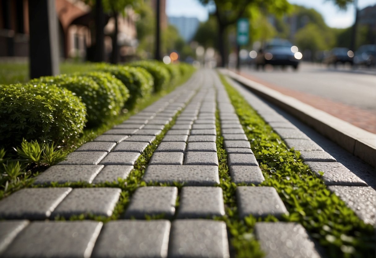 A bustling city street with various eco-friendly paving options such as permeable pavers, recycled materials, and green asphalt, surrounded by lush greenery and modern buildings