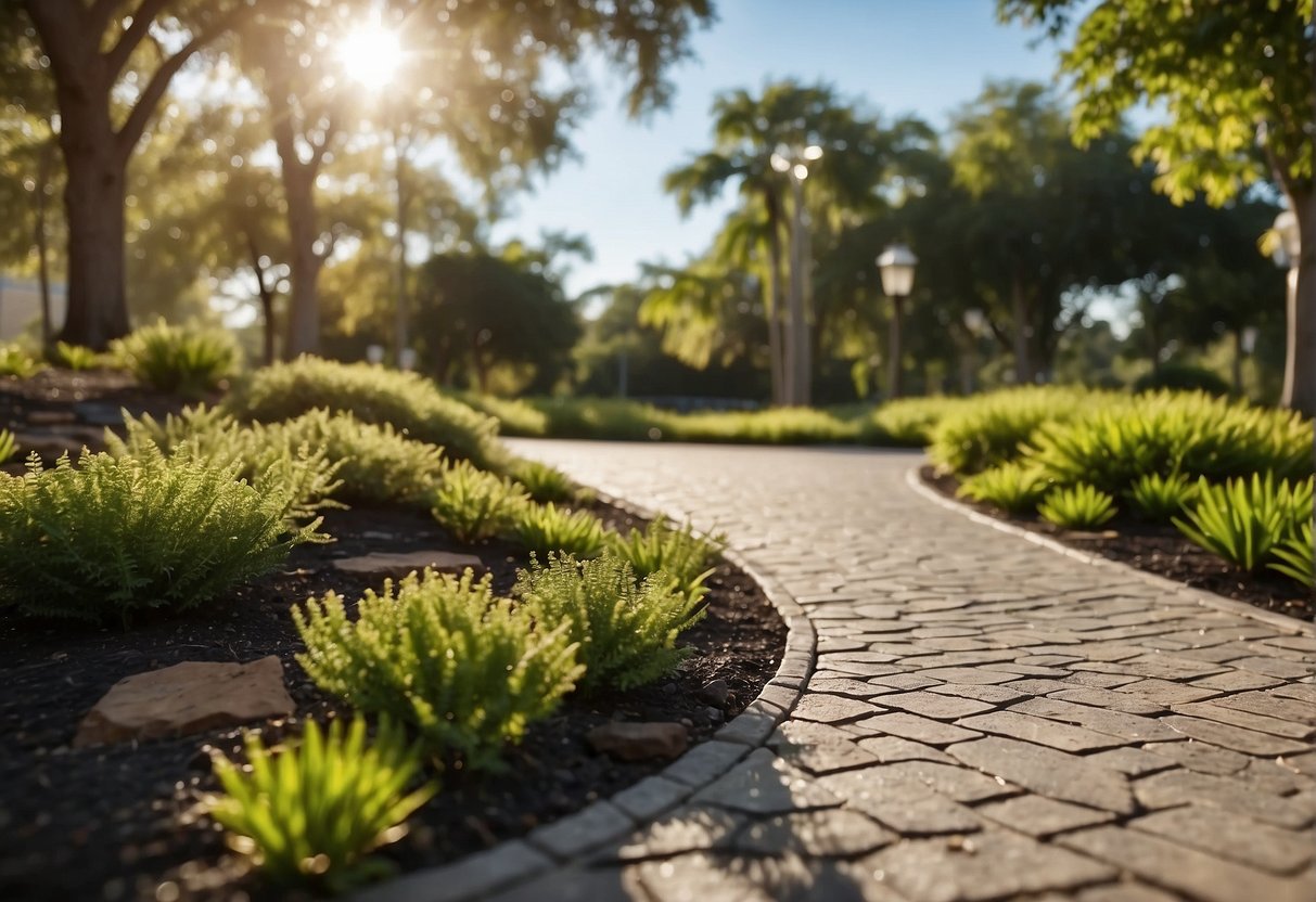 Various eco-friendly paving materials laid out in a sunny outdoor setting with trees and plants nearby, showcasing their sustainability for Fort Myers