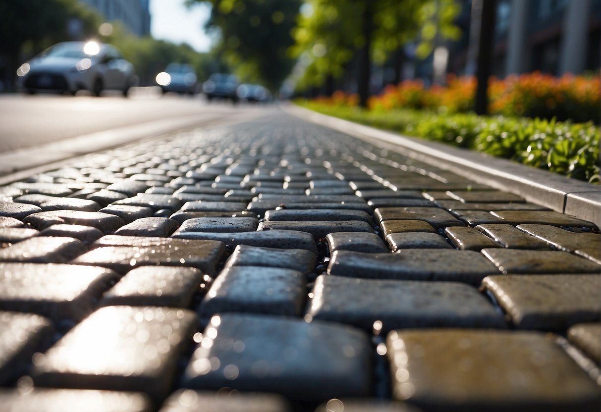 A city street with permeable pavers allowing water to pass through, surrounded by eco-friendly landscaping