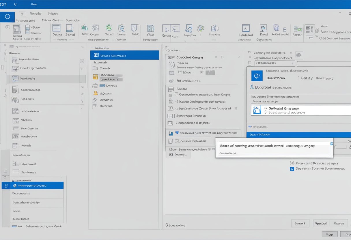 A computer screen displaying the process of creating contact groups in Outlook, with a highlighted "share email group" option