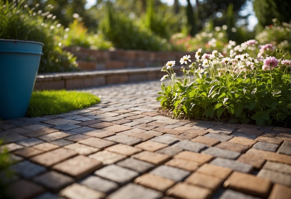 Recycled pavers being laid in a garden, surrounded by lush greenery and blooming flowers. A sign nearby highlights the environmental benefits of using recycled materials