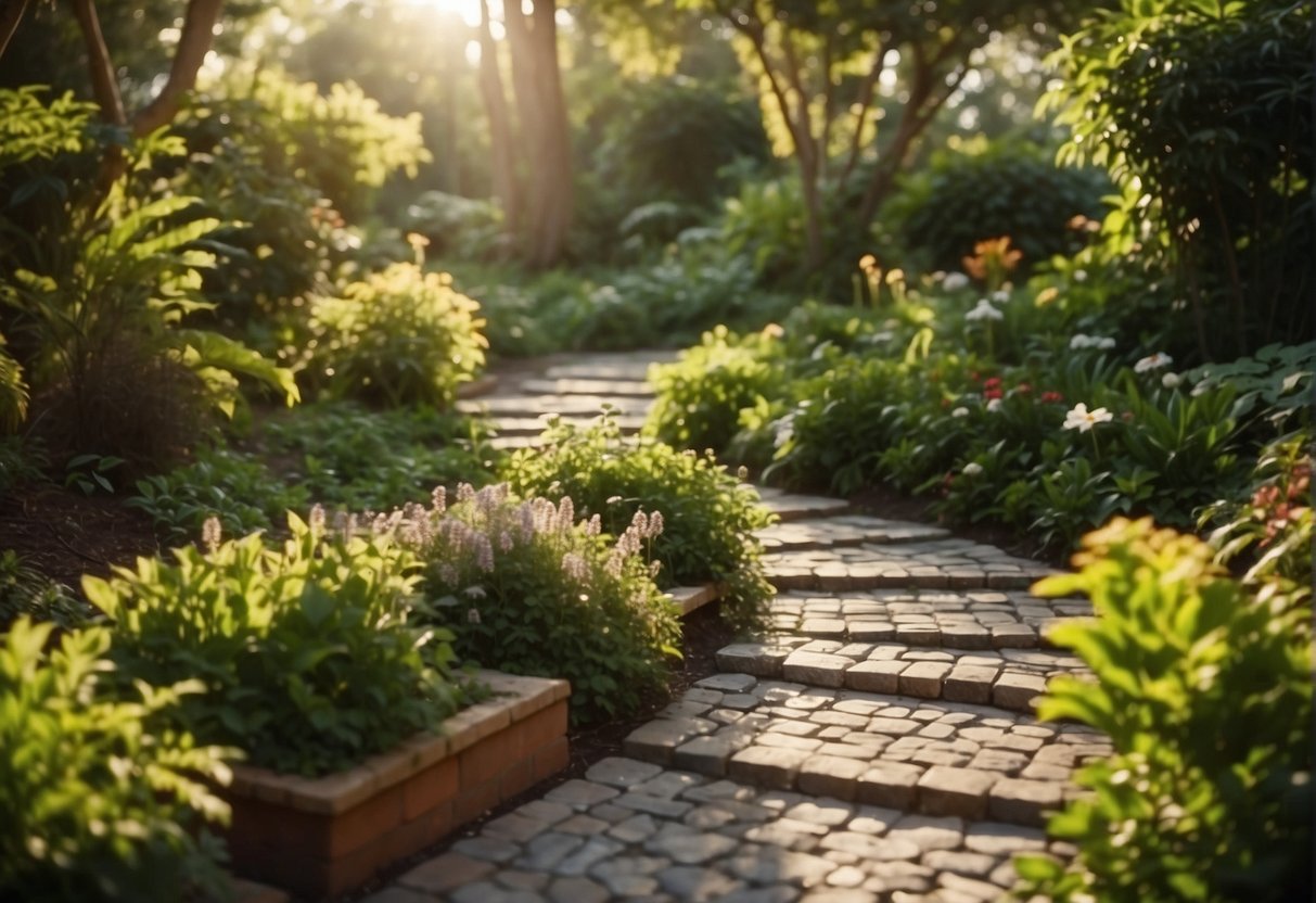 A lush garden with a pathway made of recycled pavers, surrounded by thriving plants and trees. The sun is shining, and birds are chirping in the background, showcasing the environmental benefits of using recycled materials