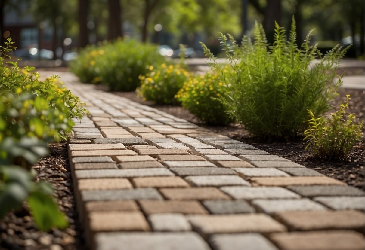 A team lays permeable pavers, using recycled materials and eco-friendly adhesives, surrounded by native plants and trees for sustainable landscaping