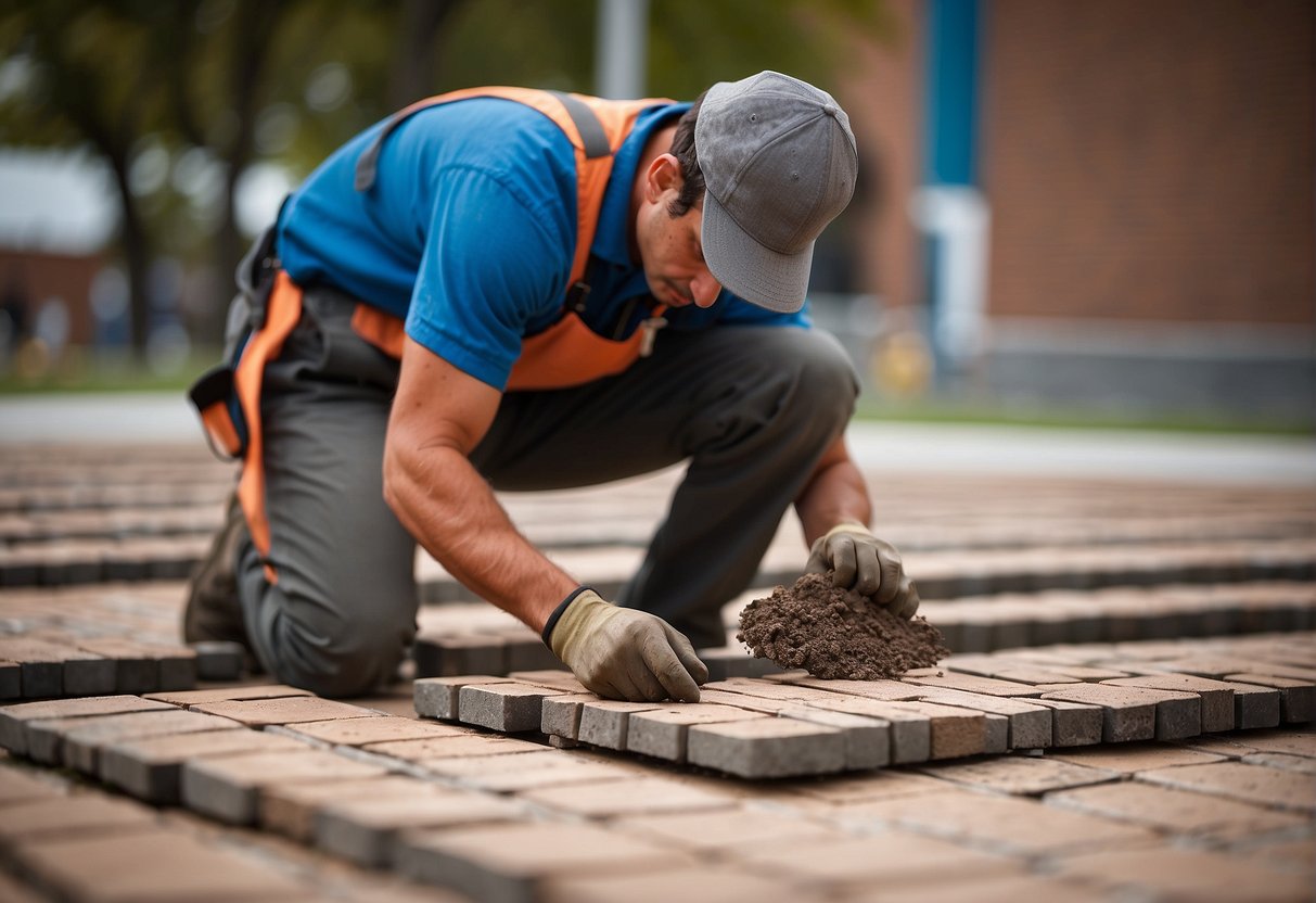 A worker lays sustainable pavers in a precise pattern, using environmentally friendly materials and following sustainable installation practices