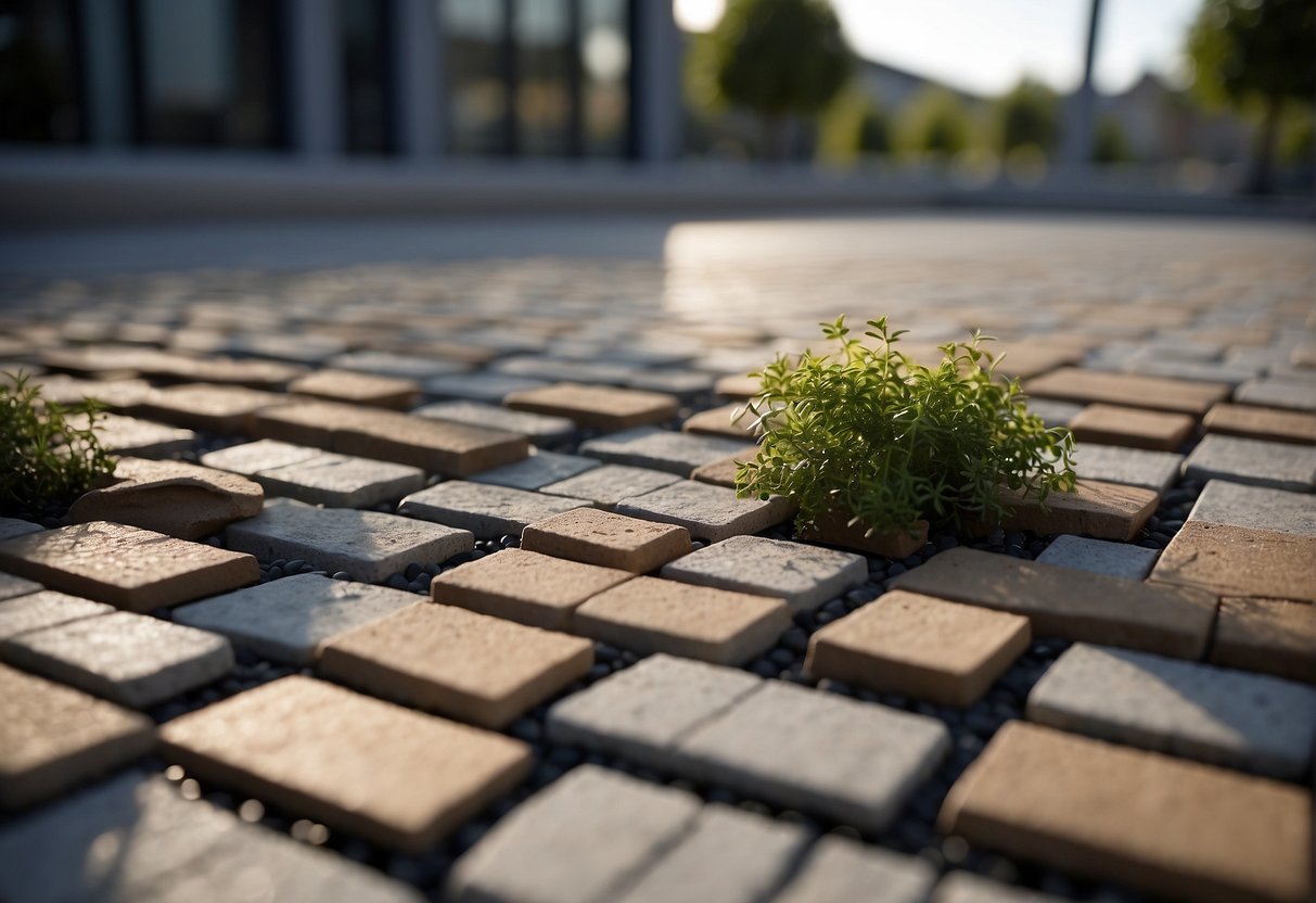 Pavers being laid in a sustainable installation pattern, using eco-friendly materials and techniques