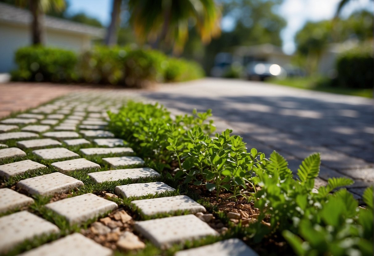 Permeable pavers line a driveway in Fort Myers, allowing rainwater to seep through and reduce runoff. Lush greenery grows between the pavers, depicting a sustainable and eco-friendly landscape