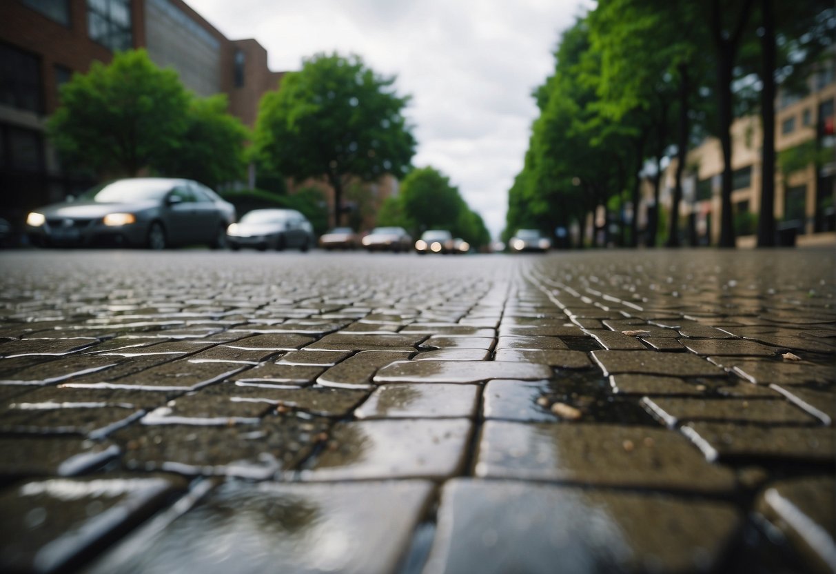 A bustling city street with permeable pavers, surrounded by lush greenery. Cars drive smoothly on the durable surface, while rainwater effortlessly seeps through, reducing flooding and pollution