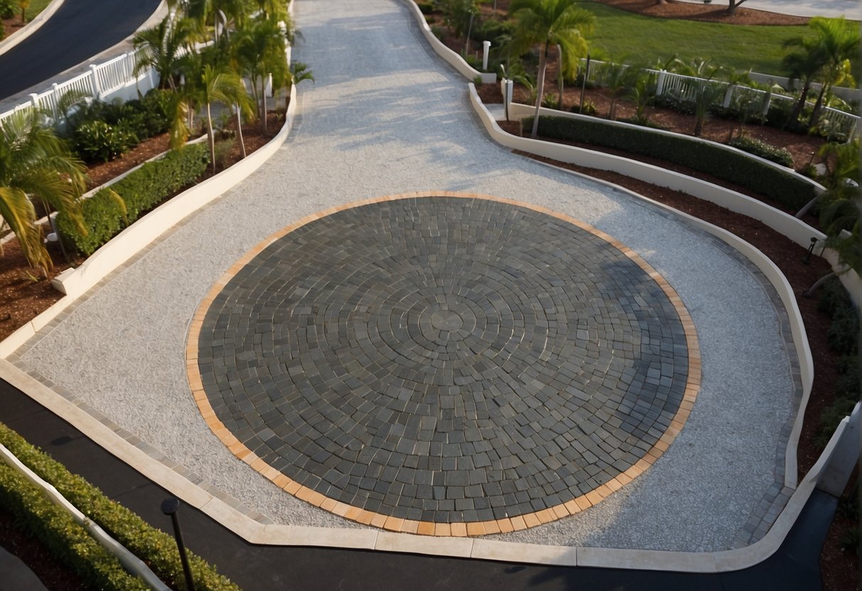 A bird's-eye view of a permeable paving system in Fort Myers, with water flowing through the pavers and into a collection area