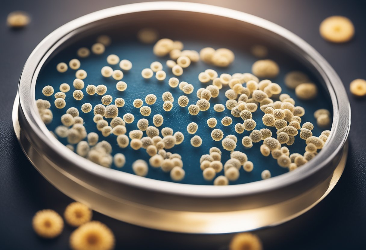 A petri dish with bacterial colonies, labeled "Clostridioides difficile infections" under a microscope