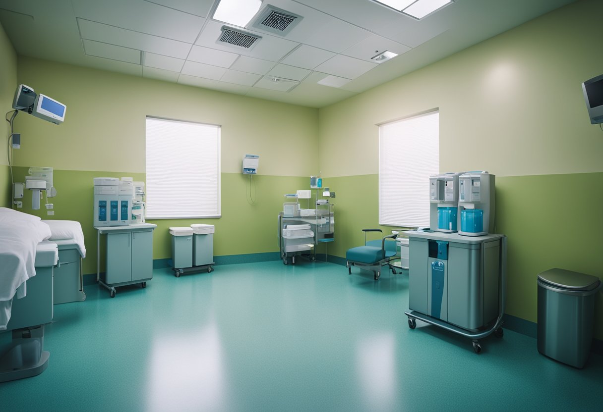 A hospital room with clean surfaces, hand sanitizer dispensers, and labeled waste bins for proper disposal of medical supplies